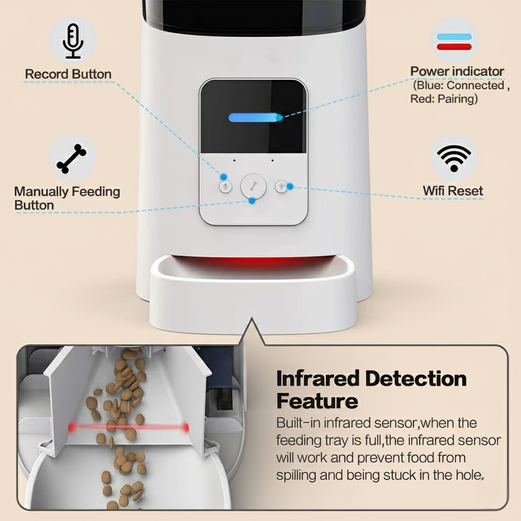 White pet feeder with labeled buttons and features on a beige background