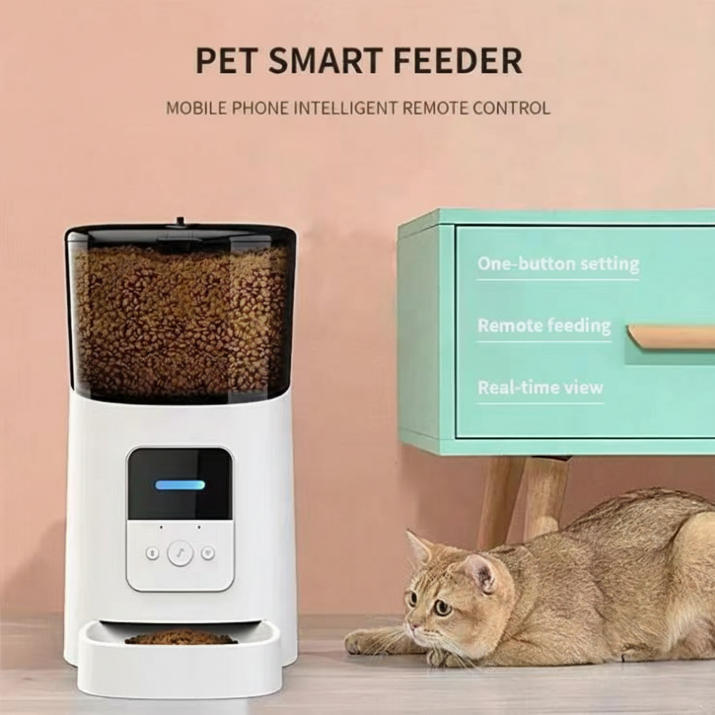 Pet smart feeder with a cat next to it on a light pink background