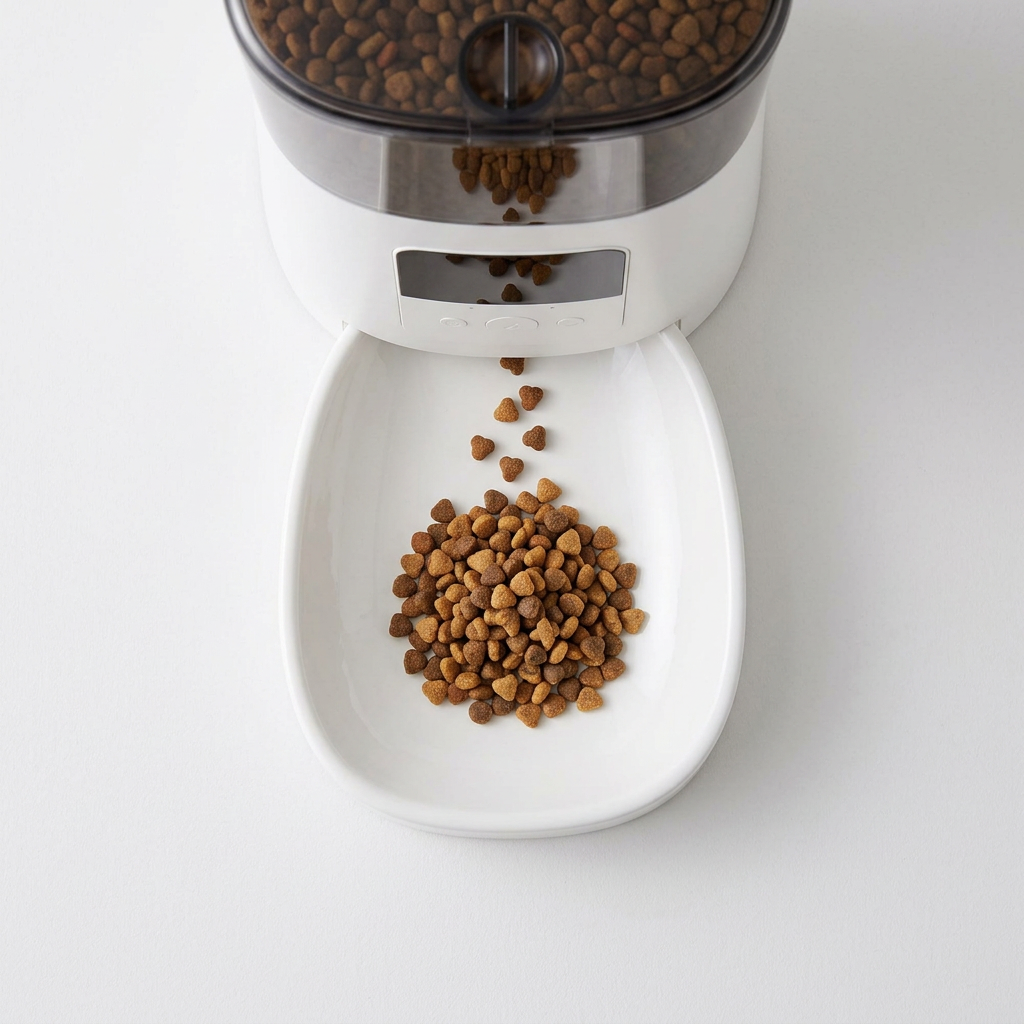 A white automatic pet feeder dispensing dry kibble into a white bowl on a clean white background.
