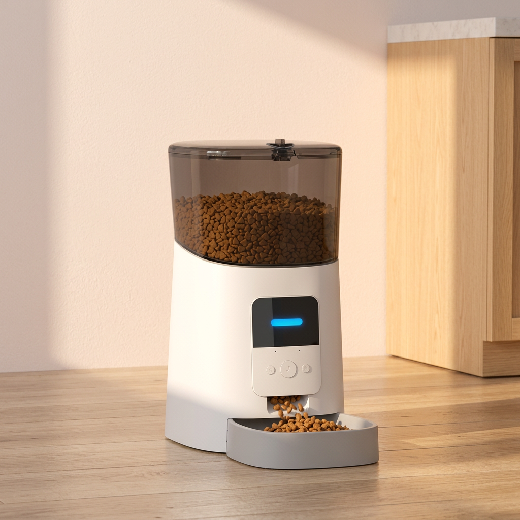 A white automatic pet feeder with a clear upper container filled with brown kibble, a small blue display screen, and a grey bowl at the bottom dispensing kibble, set on a light wood floor against a beige wall.