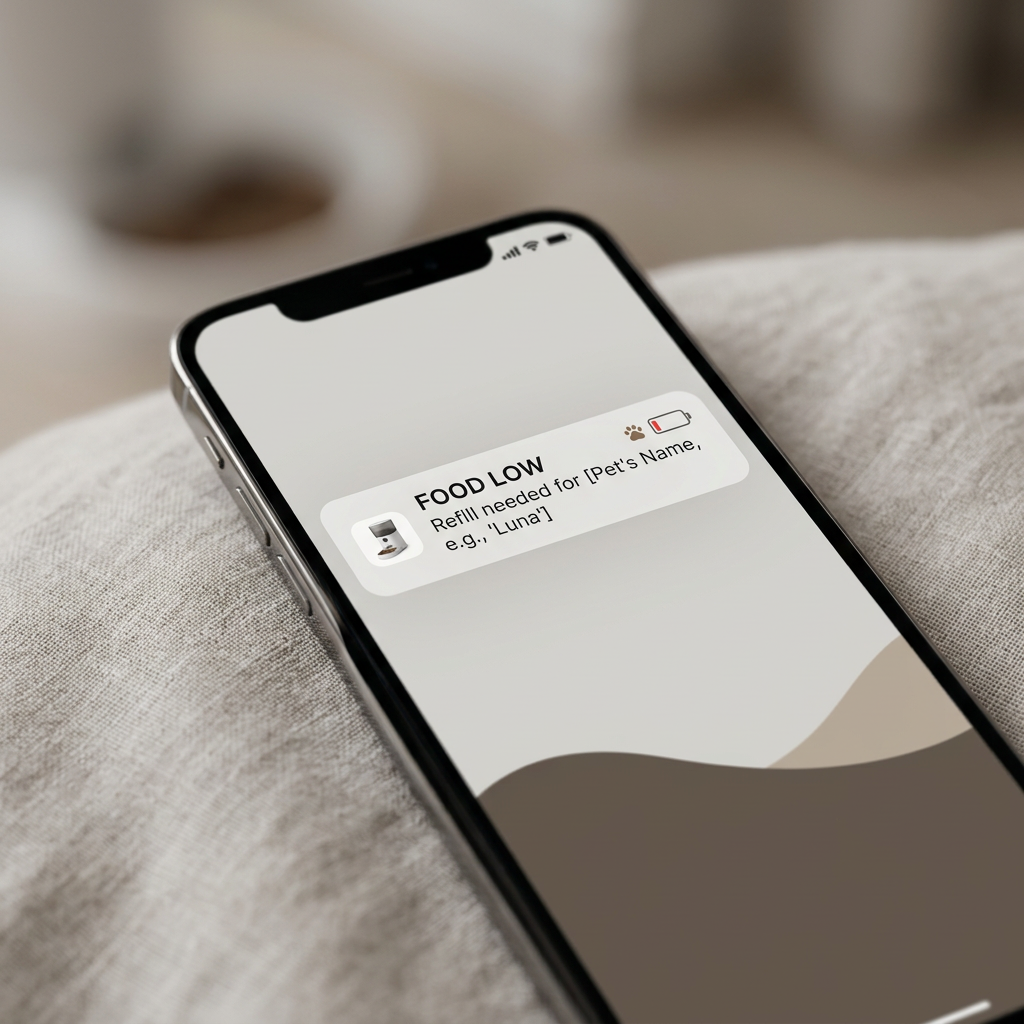PetNex 6L feeder app push notification for low food level — infrared sensors alert you before food runs out so no meal is ever missed | petnex.com.au