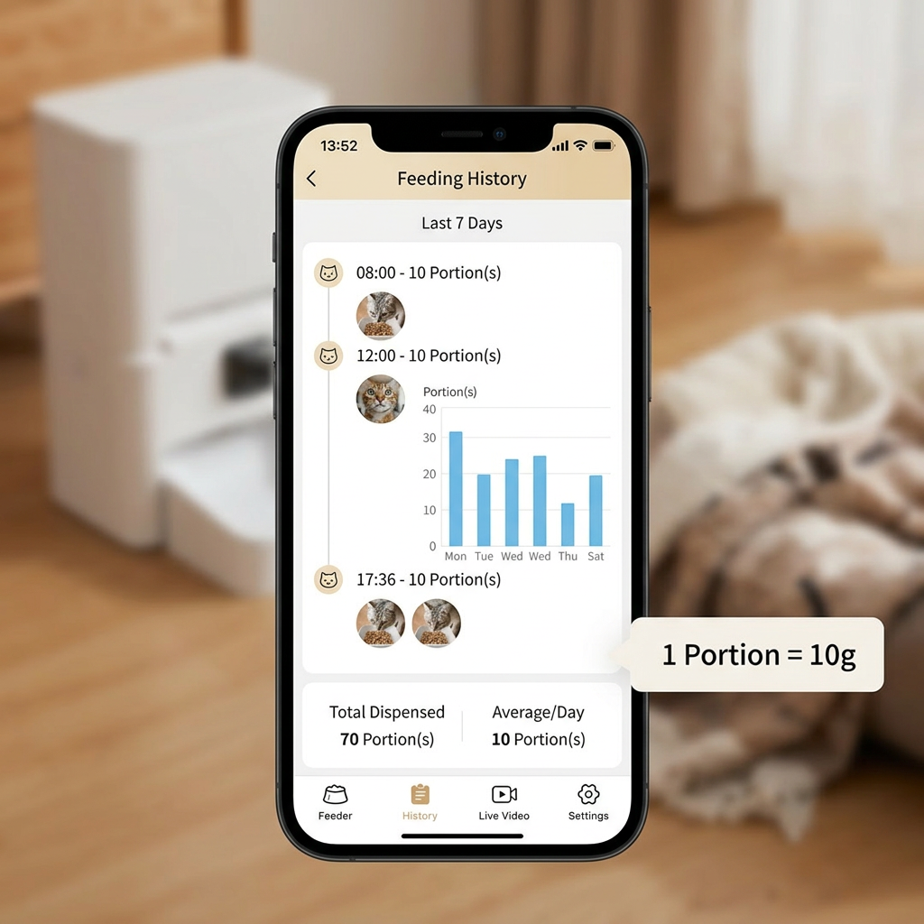 A smartphone displaying a pet feeding history app interface, with a blurred home background and a small text bubble reading '1 Portion = 10g'.