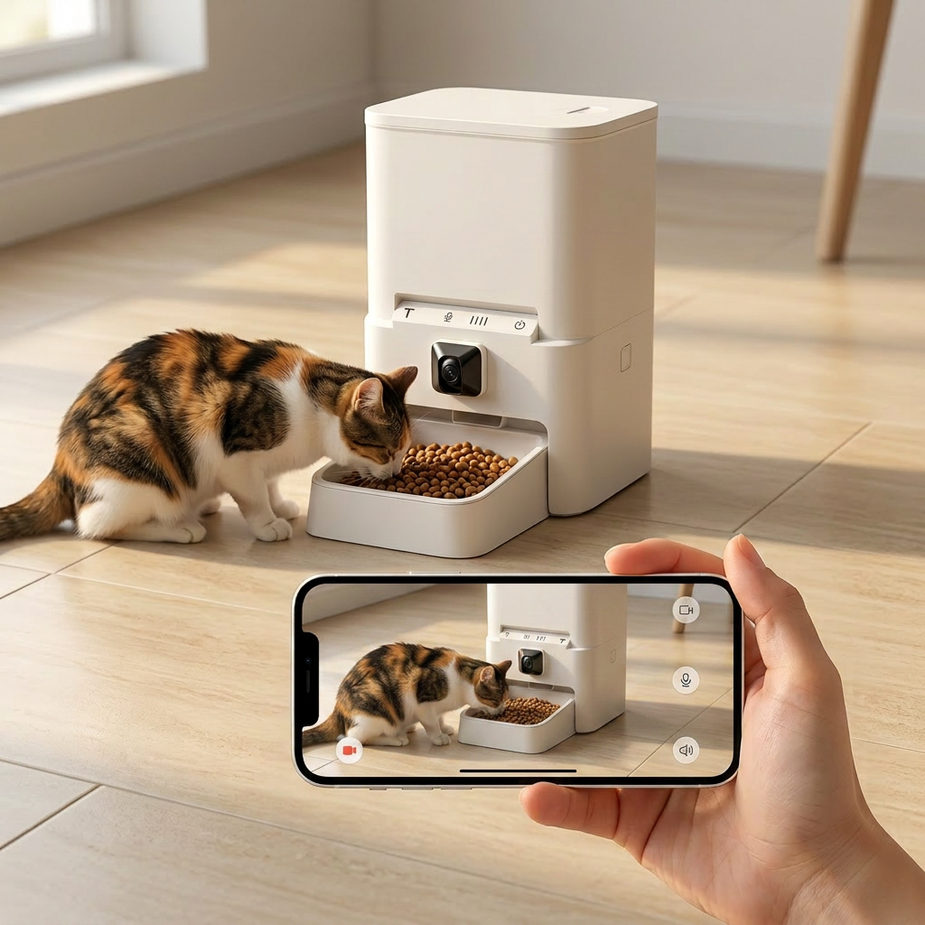 A white automatic pet feeder is shown on a light wood floor with a calico cat eating from it. A human hand holds a smartphone in the foreground displaying a live feed of the feeder's camera.