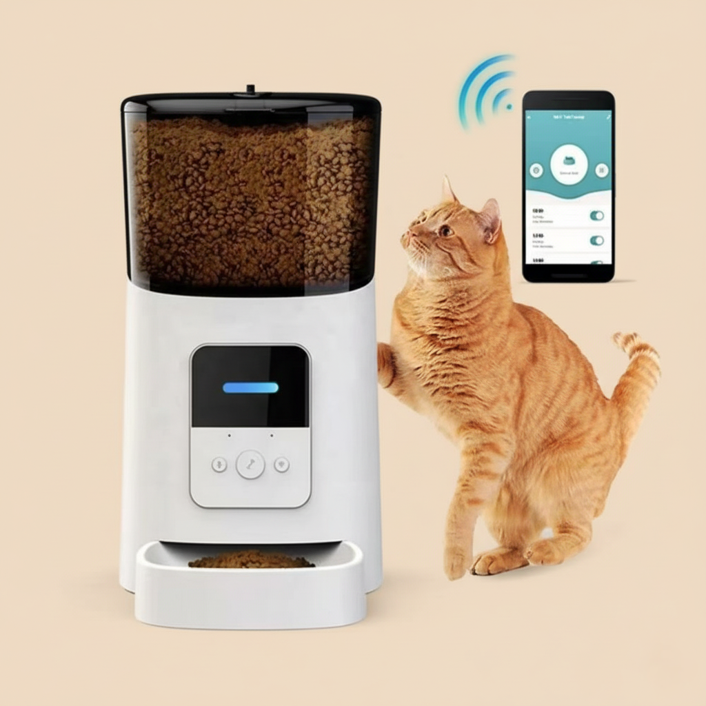 Smart pet feeder with a cat and smartphone app on a beige background