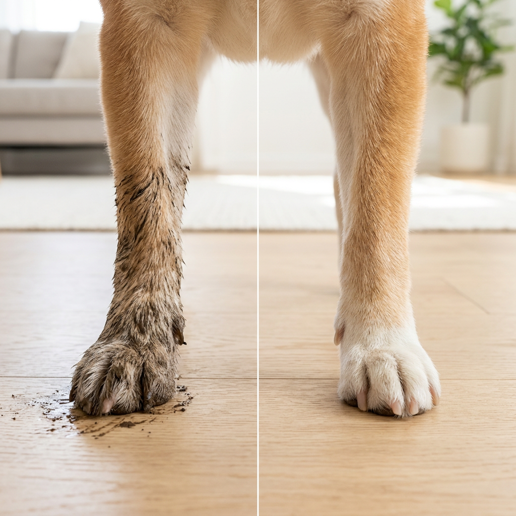 A split-screen comparison of a dog's front paws on a wooden floor, showing a dirty, muddy paw on the left and a clean, dry paw on the right.