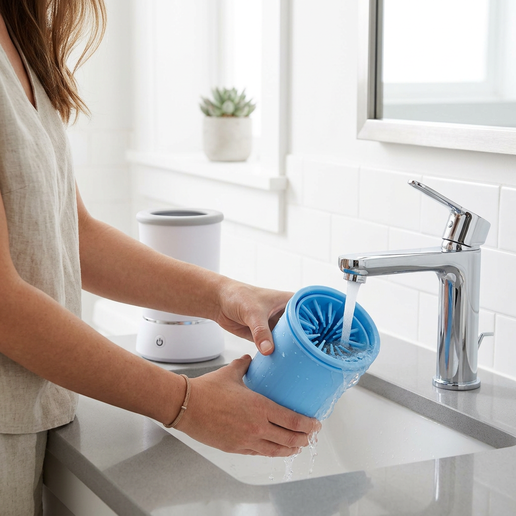 A woman at a kitchen sink rinses a light blue cylindrical container under running water from a chrome faucet. A white and grey device sits on the counter in the background. PetNex automatic paw cleaner removable cup rinsed under a tap — detaches instantly for quick cleaning after every walk with no disassembly required | petnex.com.au