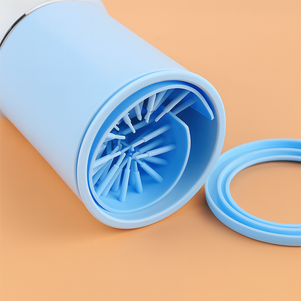 Blue silicone sleeve with a mesh filter on an orange background