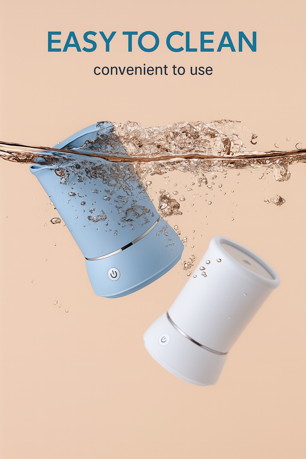 Two cleaning devices with water splashes and text 'Easy to clean, convenient to use' on a beige background.