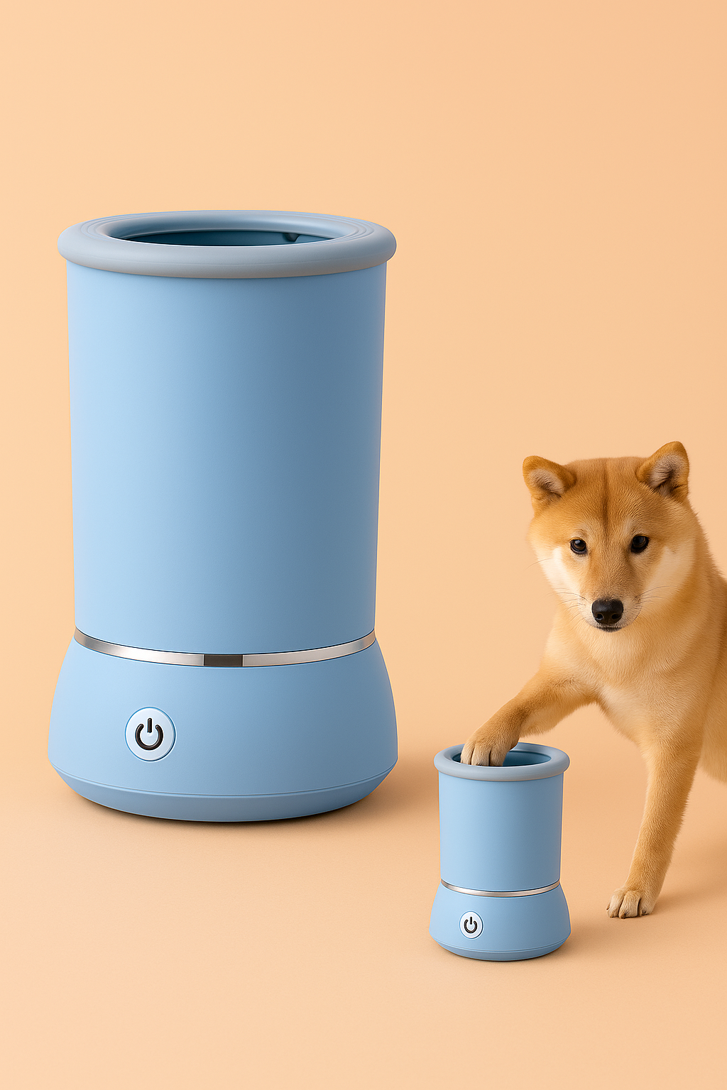 Blue pet water fountain with a dog on a beige background