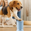 Dog standing on a blue pet toy with text indicating weight suitability.
