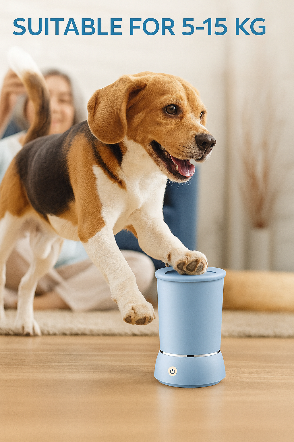 Dog standing on a blue pet toy with text indicating weight suitability.