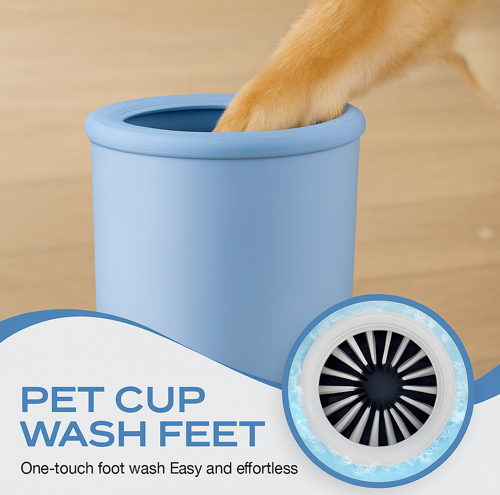 Pet cup with a dog's paw inside, labeled 'Pet Cup Wash Feet' on a beige background.