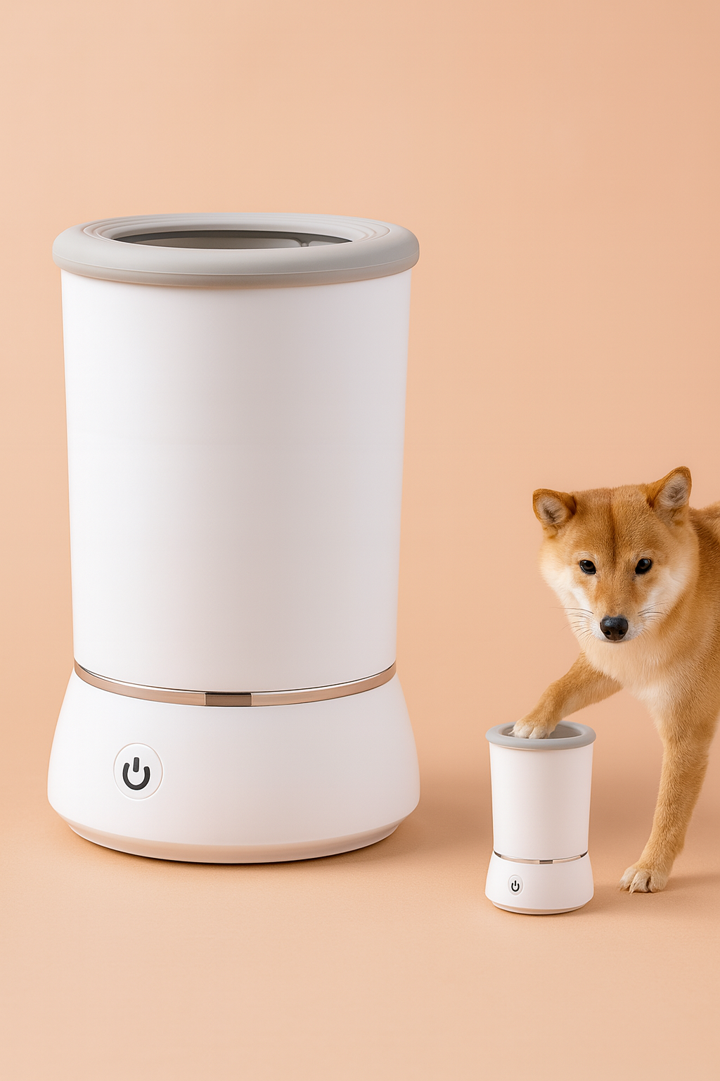 White pet water fountain with a small dog on a beige background