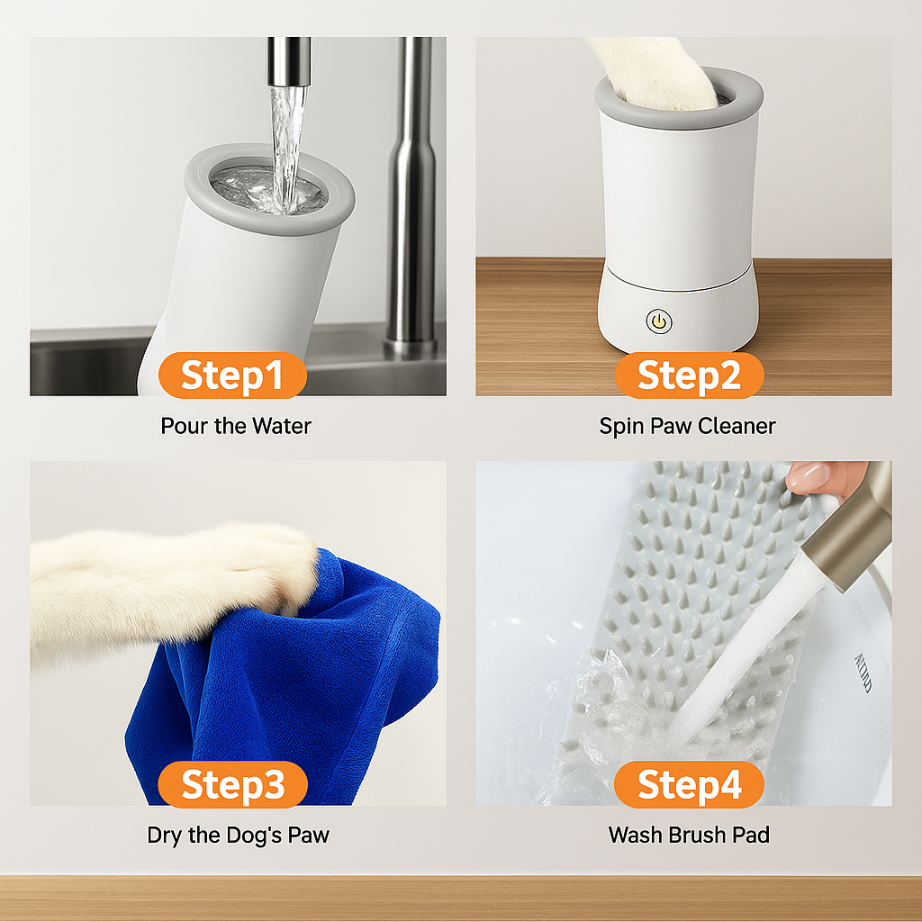 Step-by-step guide on using a pet paw cleaner with images and text labels.
