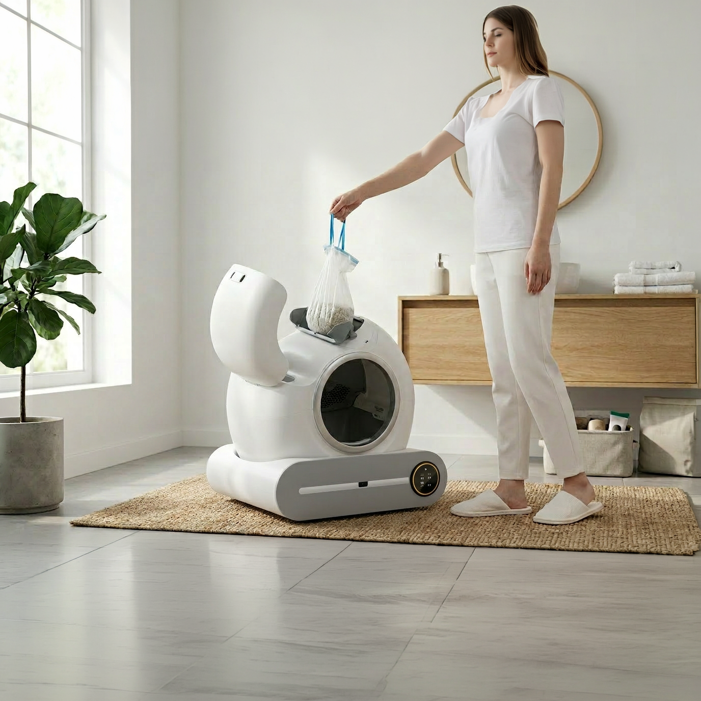 Sealed waste drawer removed cleanly from PetNex self-cleaning litter box — only needs emptying every 1 to 2 weeks with the app notifying 