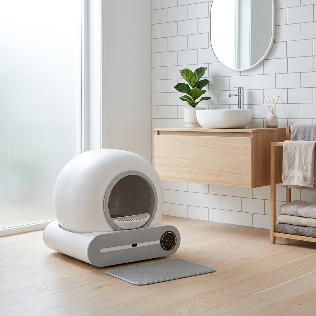 A white and grey automatic cat litter box with a matching grey mat is shown in a bright, modern bathroom setting with a wooden vanity, white subway tiles, and a plant.