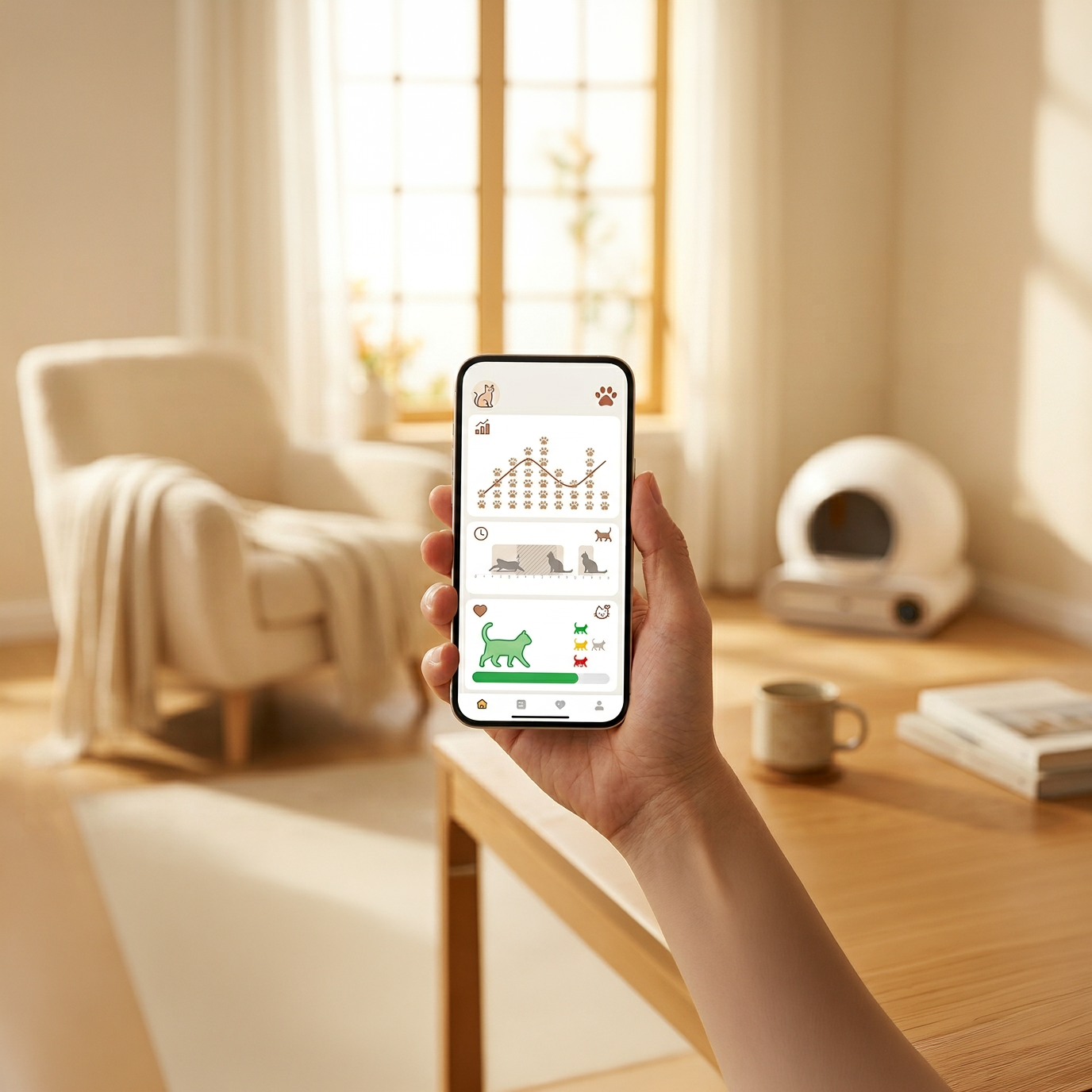 A hand holds a smartphone showing a pet activity tracking app screen in a warm, modern living room setting with a sofa, table, and cat house in the background.