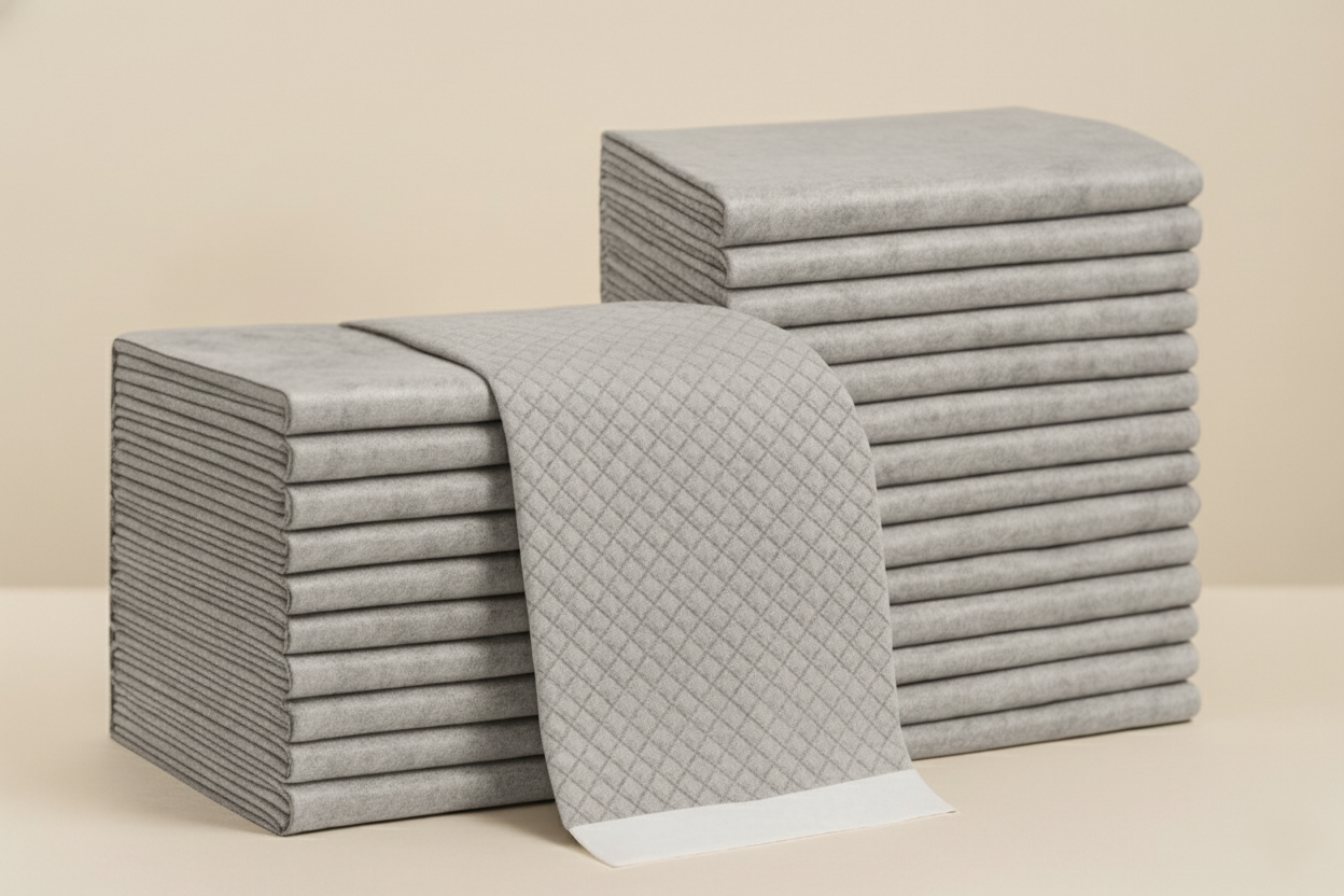 Stacks of gray folded towels on a beige background