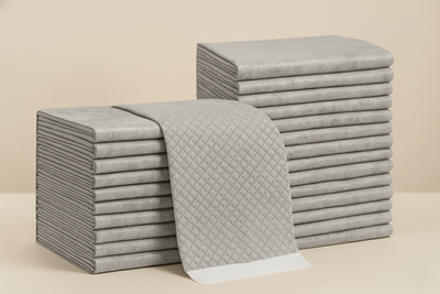Stacks of gray folded towels on a beige background