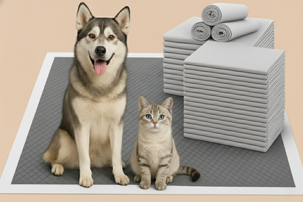 Dog and cat sitting on a large pet mat with stacks of smaller mats beside them.