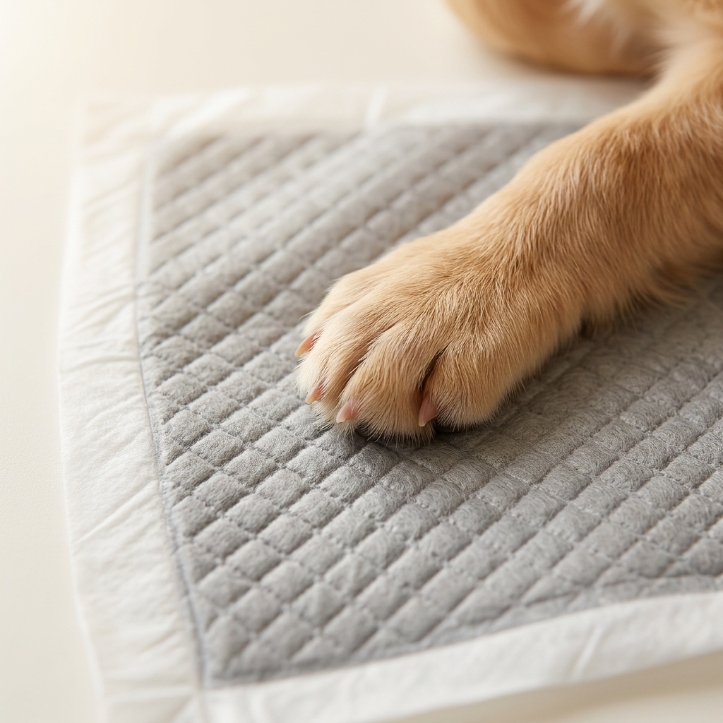 A close-up of a light brown cat's paw resting on a grey quilted pet mat with a white border, set against a soft cream background. Puppy paw on dry PetNex bamboo charcoal training pad — quick-dry non-woven top layer wicks moisture away instantly to keep paws clean after every use | petnex.com.au