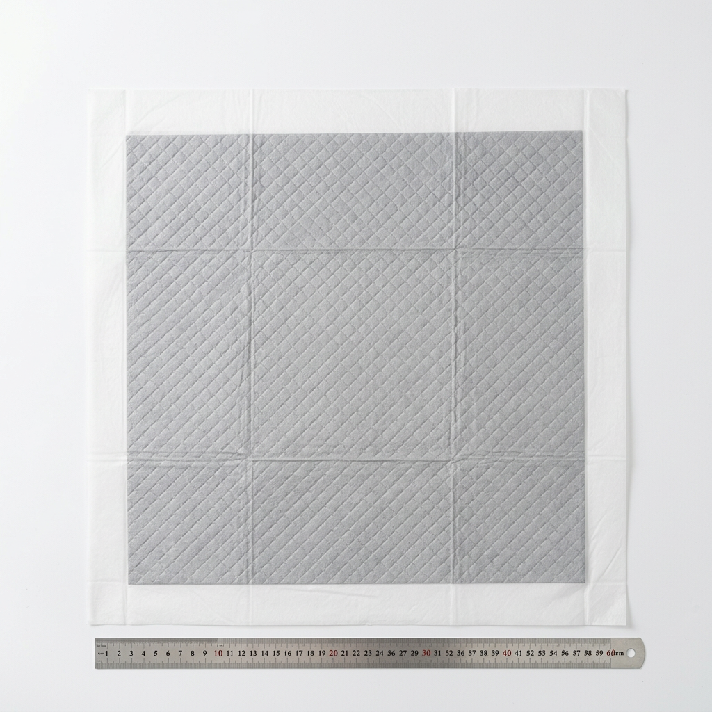 A square quilted mattress protector or bedding pad in light grey with a diamond-stitched pattern, shown flat against a white background with a metal ruler at the bottom indicating scale.