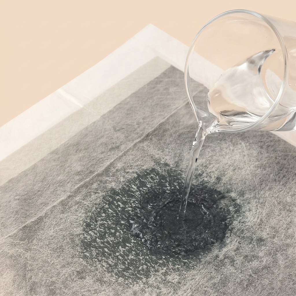 A close-up of a grey non-woven filter pad with a clear liquid being poured from a glass cup onto its surface, showing water instantly absorbed by PetNex bamboo charcoal training pad with no pooling — 6-layer superabsorbent polymer construction with leak-proof waterproof base | petnex.com.au