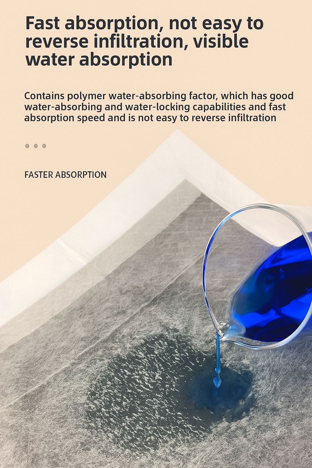 Blue liquid being poured onto a concrete surface with text about water absorption properties.