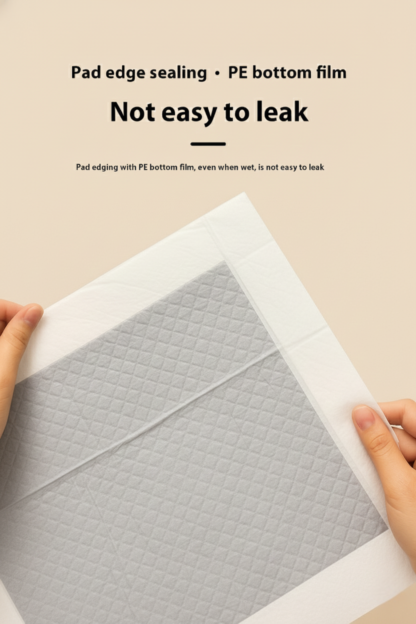 Hands holding a piece of gray material with text about pad edge sealing and PE bottom film.