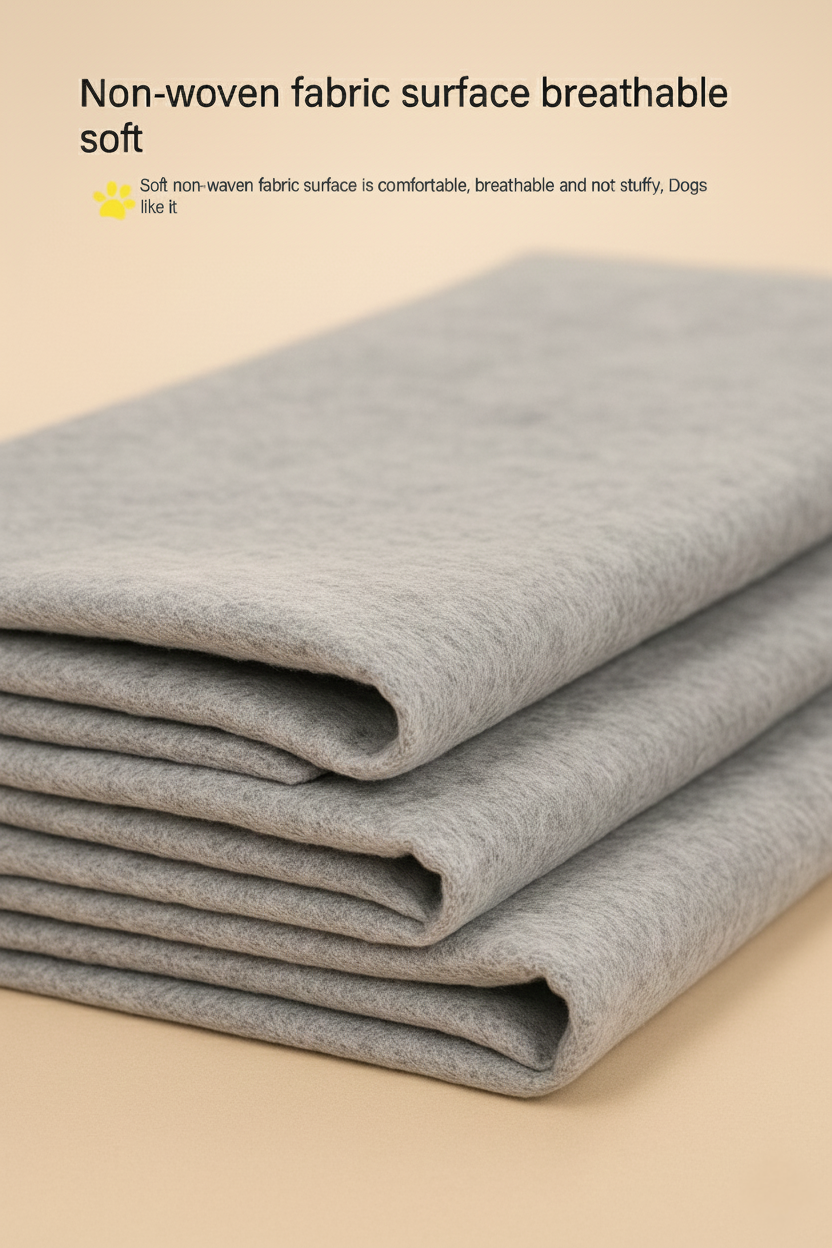 Stack of gray non-woven fabric on a beige background with text about its properties.