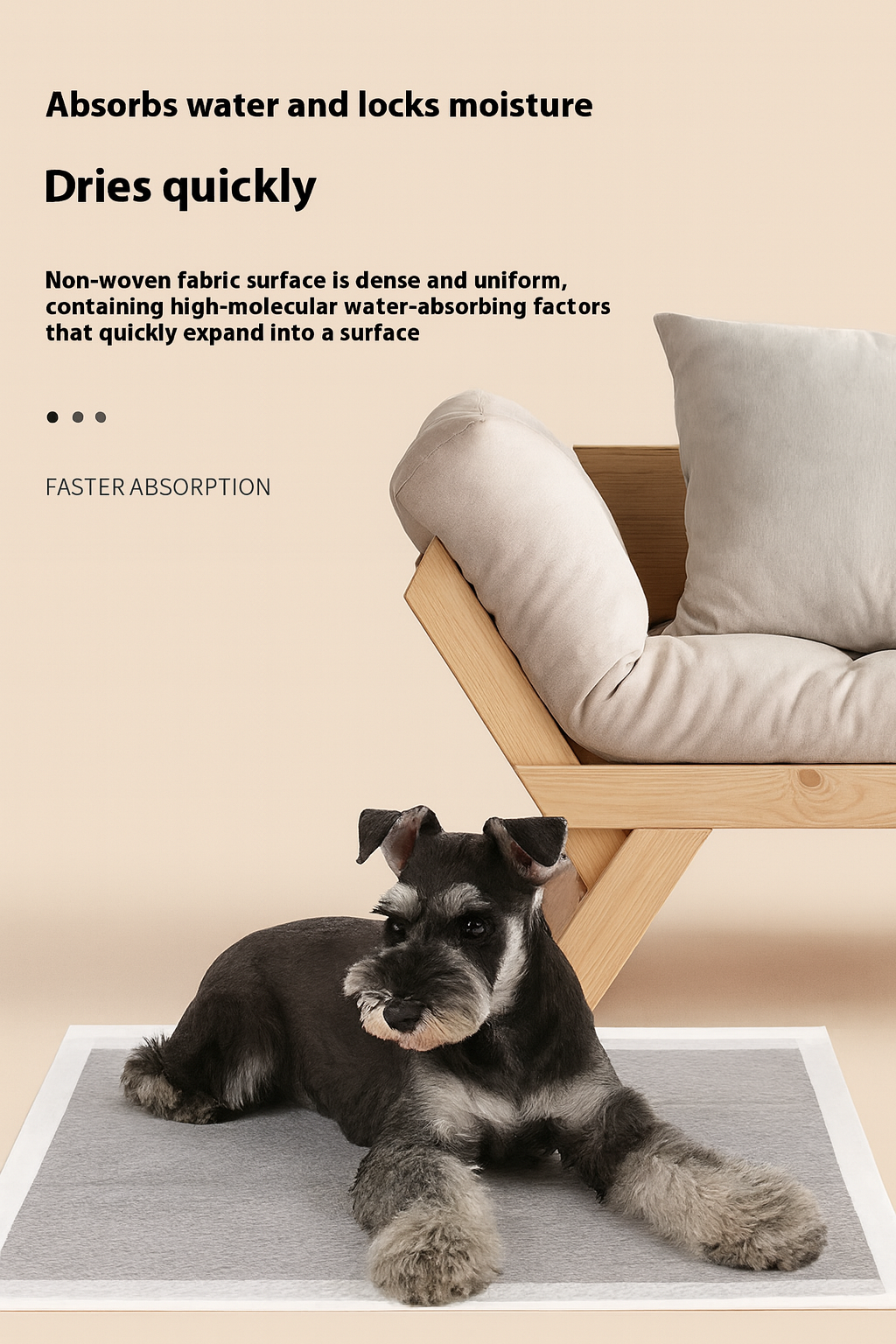 Dog lying on a gray mat with text about water absorption and moisture locking.