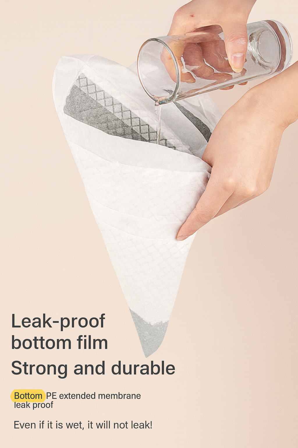 Person holding a clear glass over a white cone-shaped product with text about leak-proof bottom film.