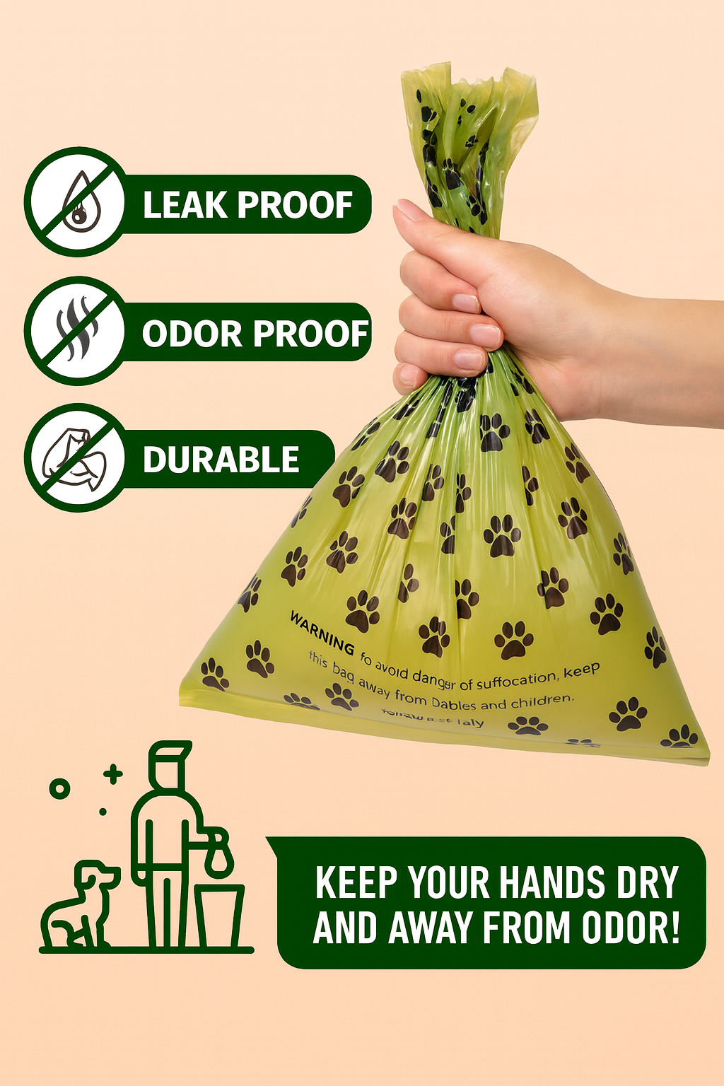 Hand holding a green pet waste bag with features highlighted on a beige background