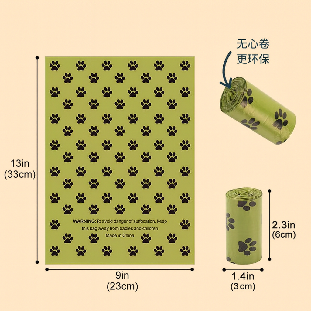 Green dog waste bags with paw prints, showing dimensions and a roll on a beige background.
