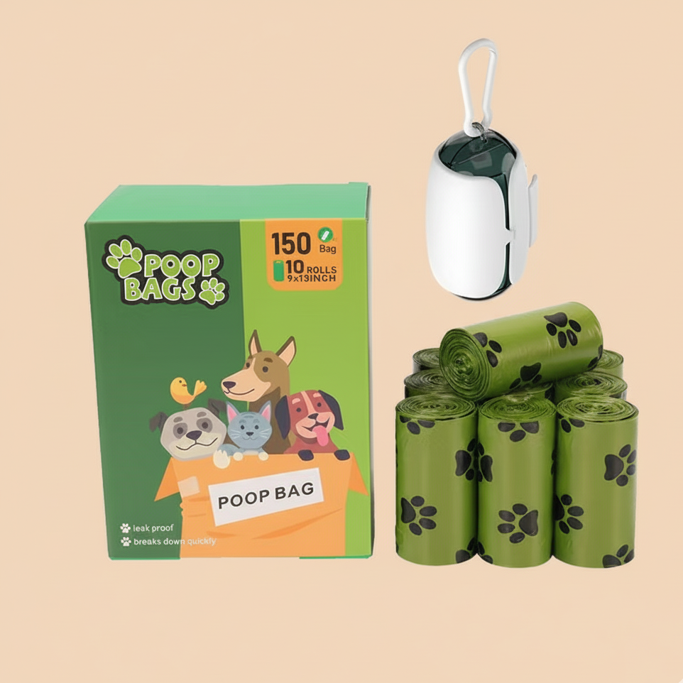 Dog poop bag packaging with multiple rolls and a dispenser on a beige background