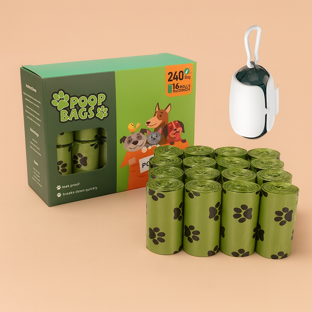 Dog poop bag packaging with multiple rolls and a dispenser on a beige background