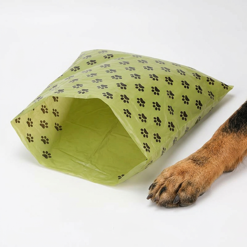 PetNex biodegradable dog bag opened wide beside a large dog paw for scale — generous sizing suitable for all breeds including large and giant breeds | petnex.com.au