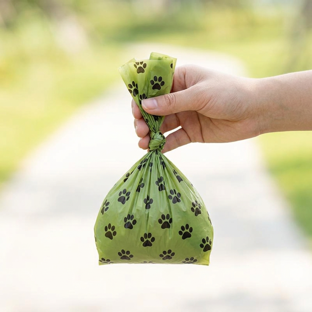 A hand holding a small green plastic bag tied at the top, printed with black paw prints, against a blurred outdoor background.