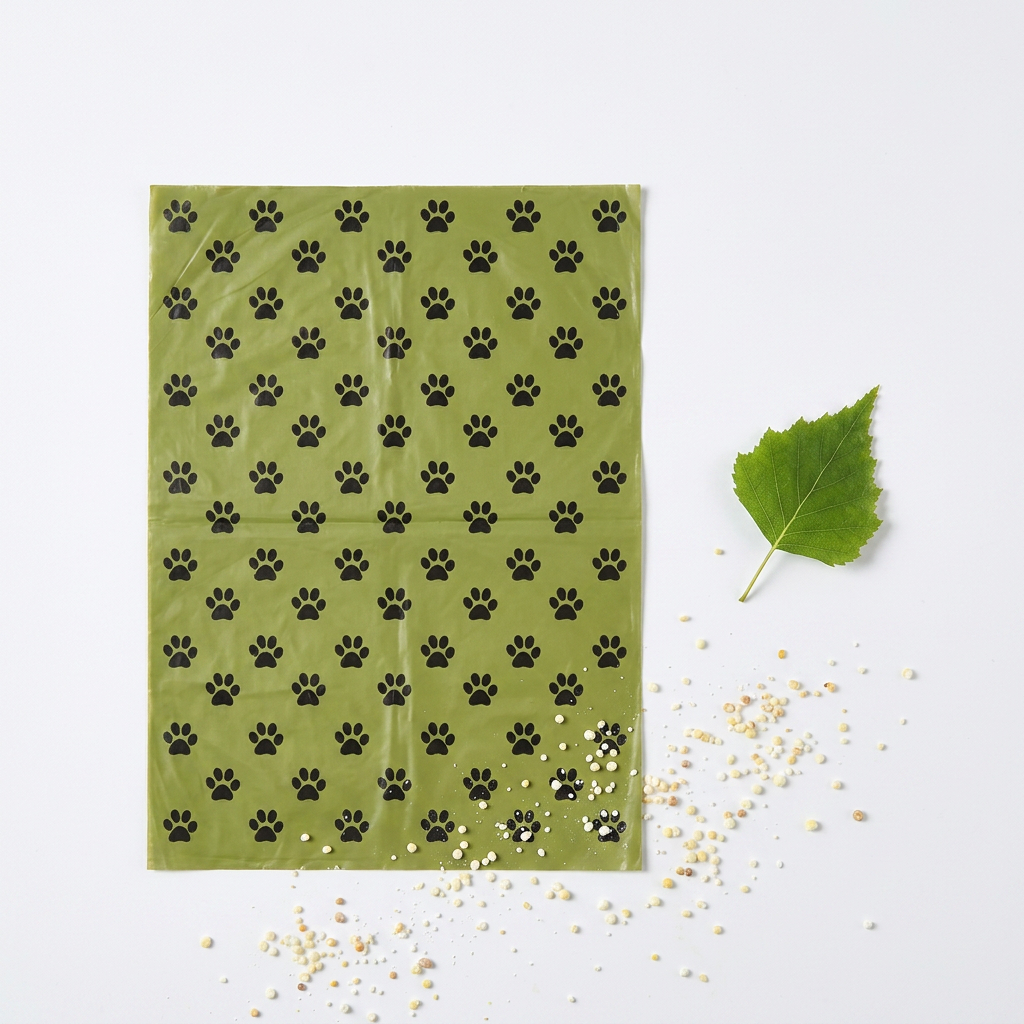 An olive green plastic bag with a repeating black paw print pattern, styled flat-lay on a white background with a green leaf and scattered seeds.