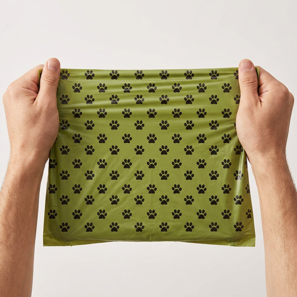 PetNex biodegradable dog bag stretched open wide — thick plant-based material provides tear-resistant strength comparable to standard plastic bags | petnex.com.au