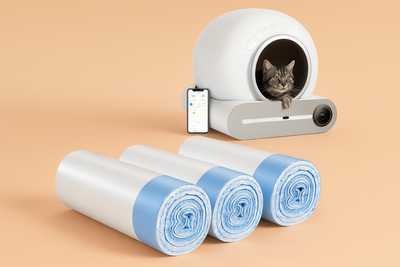 Pet product with rolls of material on a beige background
