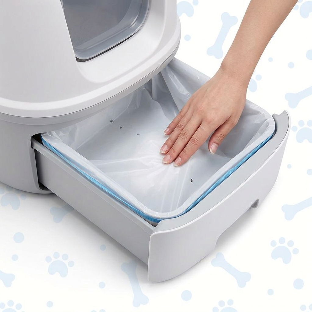 A close-up of a pet litter box drawer being opened by a person's hand, showing a clear plastic liner inside. The litter box is light gray with a blue trim around the drawer opening, set against a white background with light blue bone and paw print patterns.