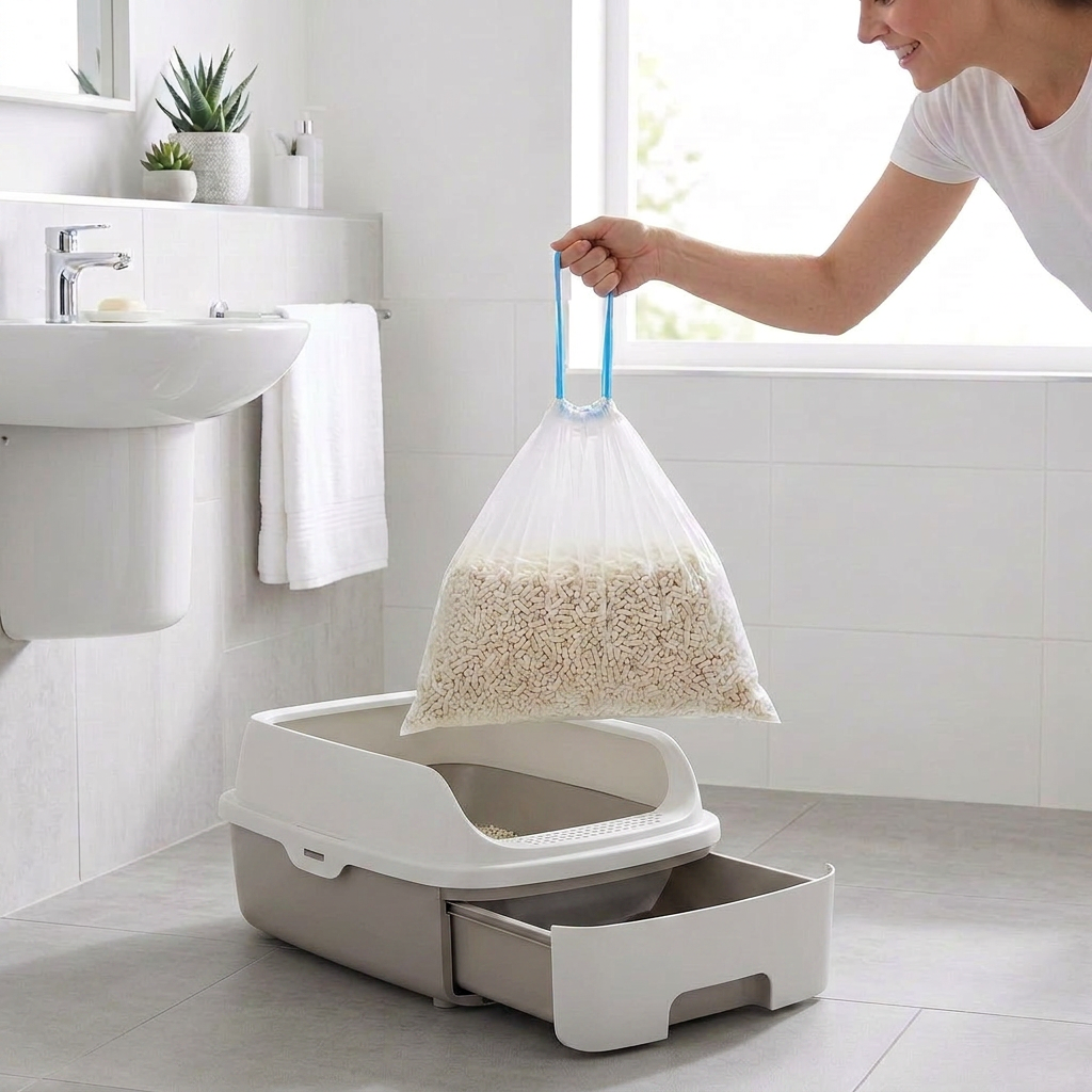 A person in a white shirt holds a clear plastic bag filled with light beige pellets above a dual-compartment litter box in a bright, modern bathroom. The litter box is two-toned in white and light gray, with one compartment open and the other partially covered by a sliding drawer.