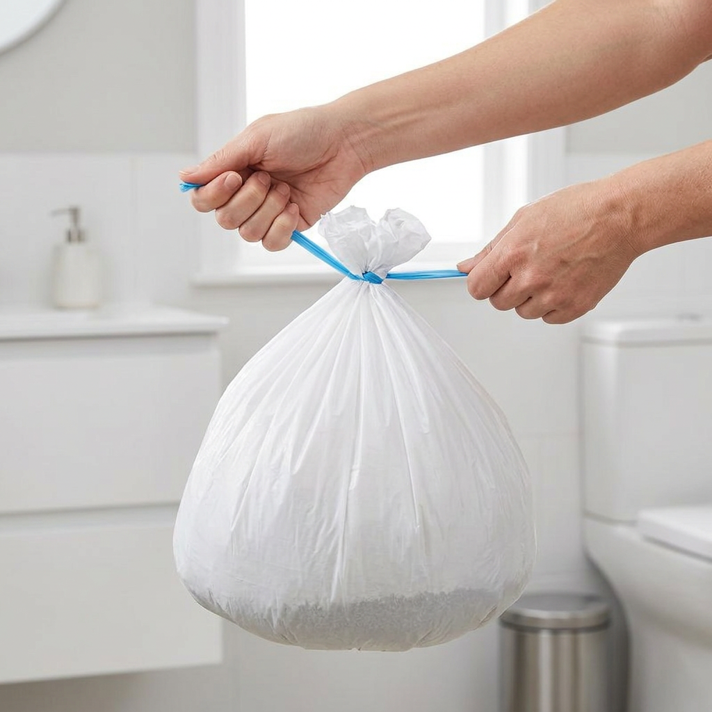 A person's hands holding a white plastic bag tied with a blue twist tie in a bright, modern bathroom setting.