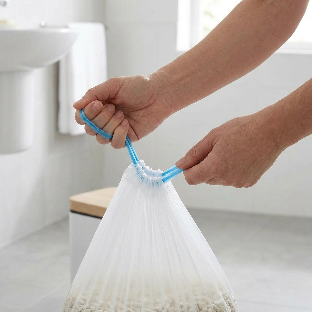 A person's hands holding a white plastic bag with a blue elasticized handle in a bright bathroom setting.
