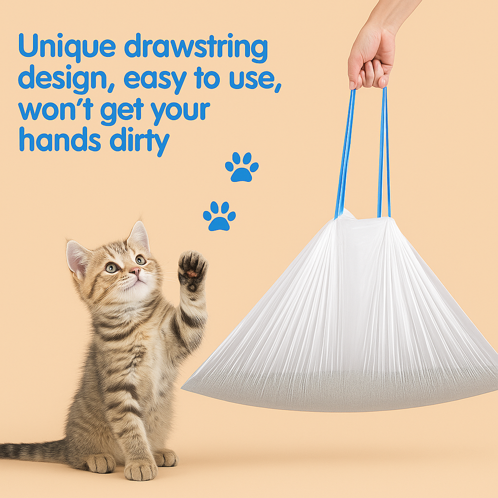 Cat reaching for a white drawstring bag held by a hand with text about the bag's design.