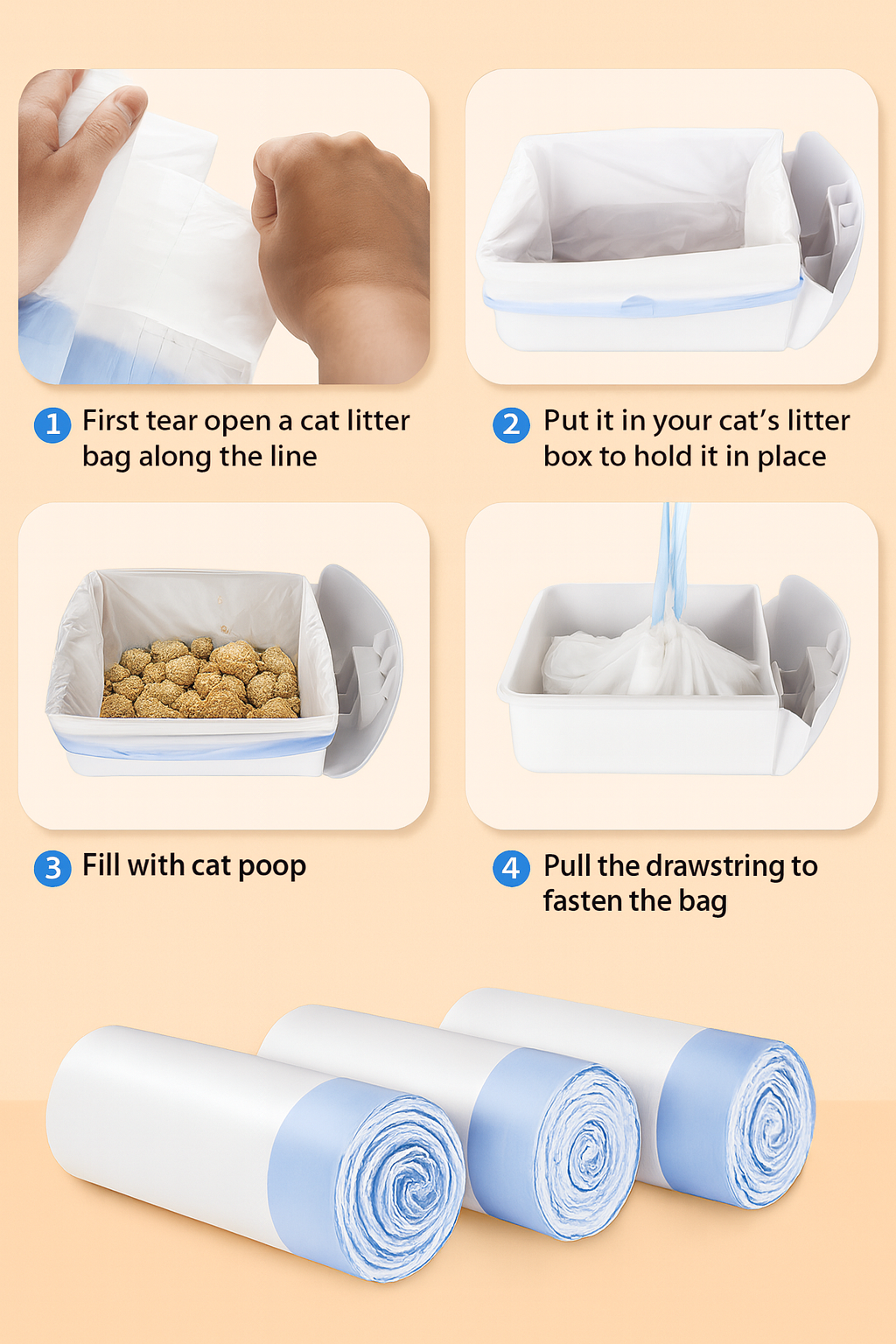 Step-by-step guide on using cat litter bags with illustrations and text.