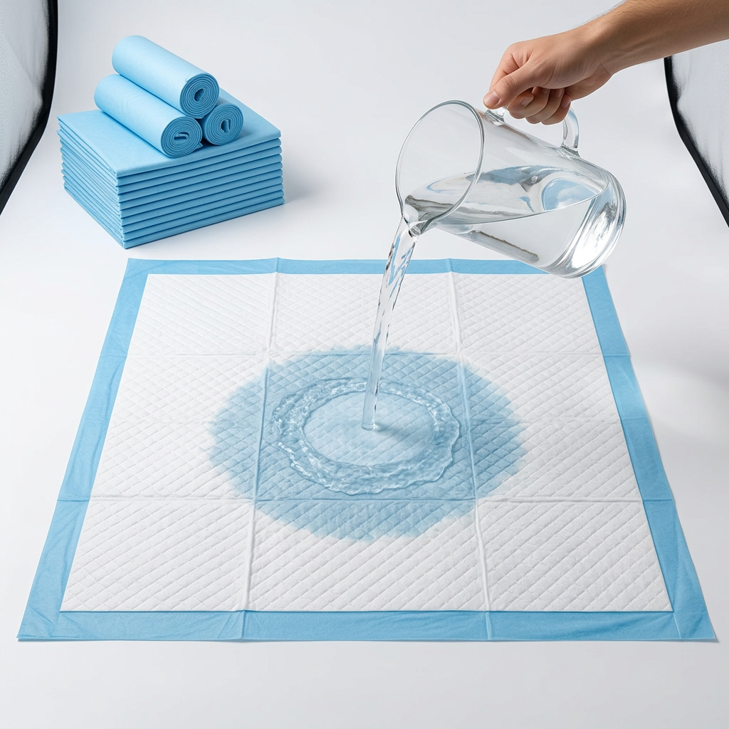 A square white and light blue absorbent pad is shown on a white surface with water being poured from a clear glass pitcher onto the centre to demonstrate absorption. A stack of rolled pads and a folded stack of the same pads are visible in the upper left. Large volume of water poured onto PetNex XXL training pad — superabsorbent polymer core locks in high volumes instantly with no pooling or breakthrough | petnex.com.au