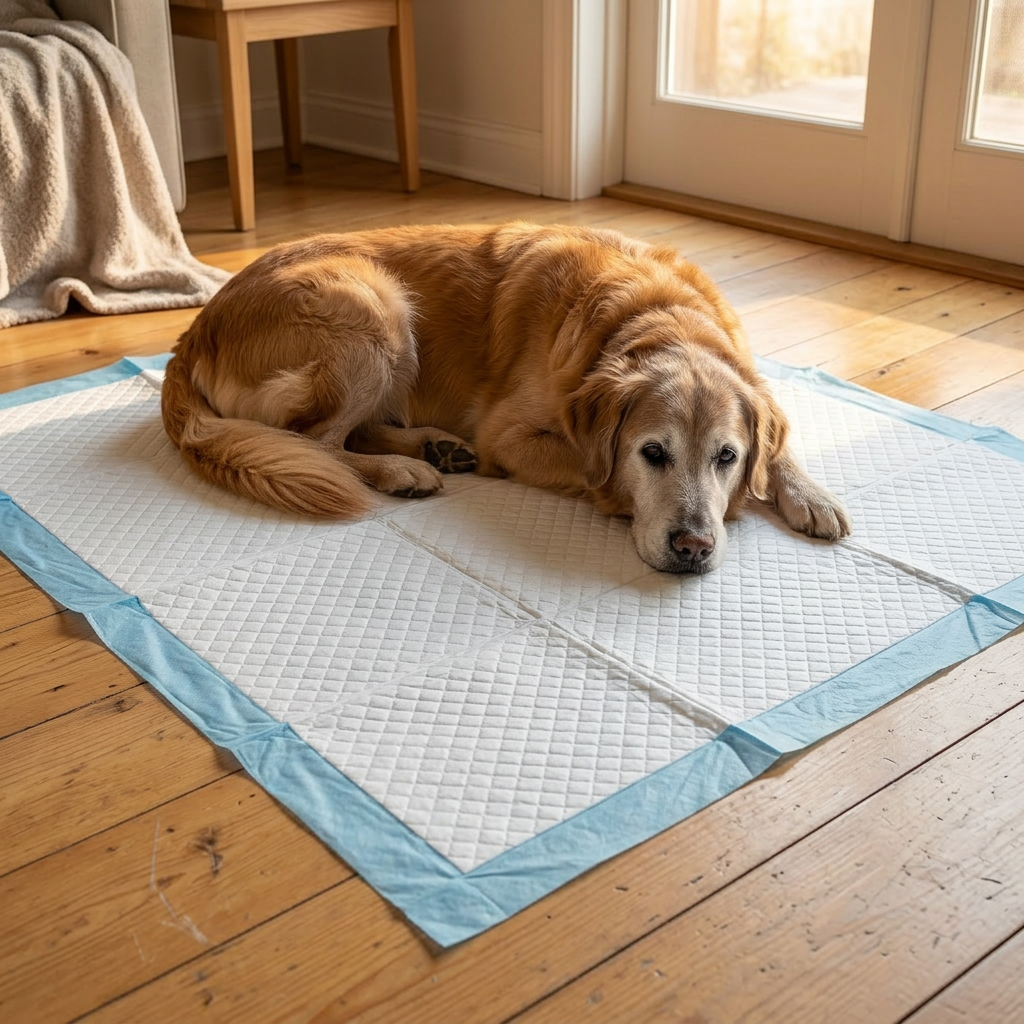 A golden retriever dog rests on a white quilted dog pee pad with a light blue border on a wooden floor in a bright room.