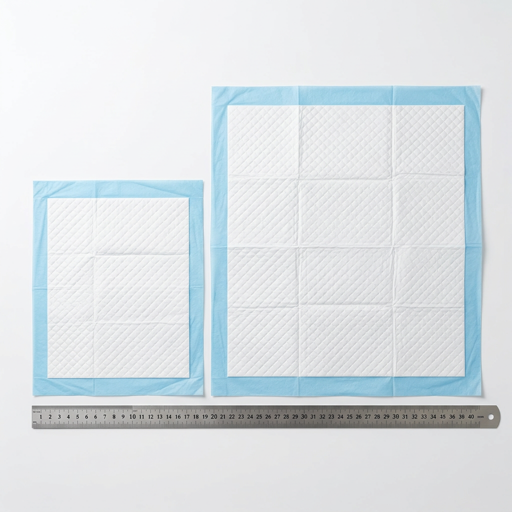 Standard training pad versus PetNex 80x90cm XXL training pad side by side with a ruler. Two light blue and white absorbent pads shown on a white background, with a metal ruler at the bottom indicating size.